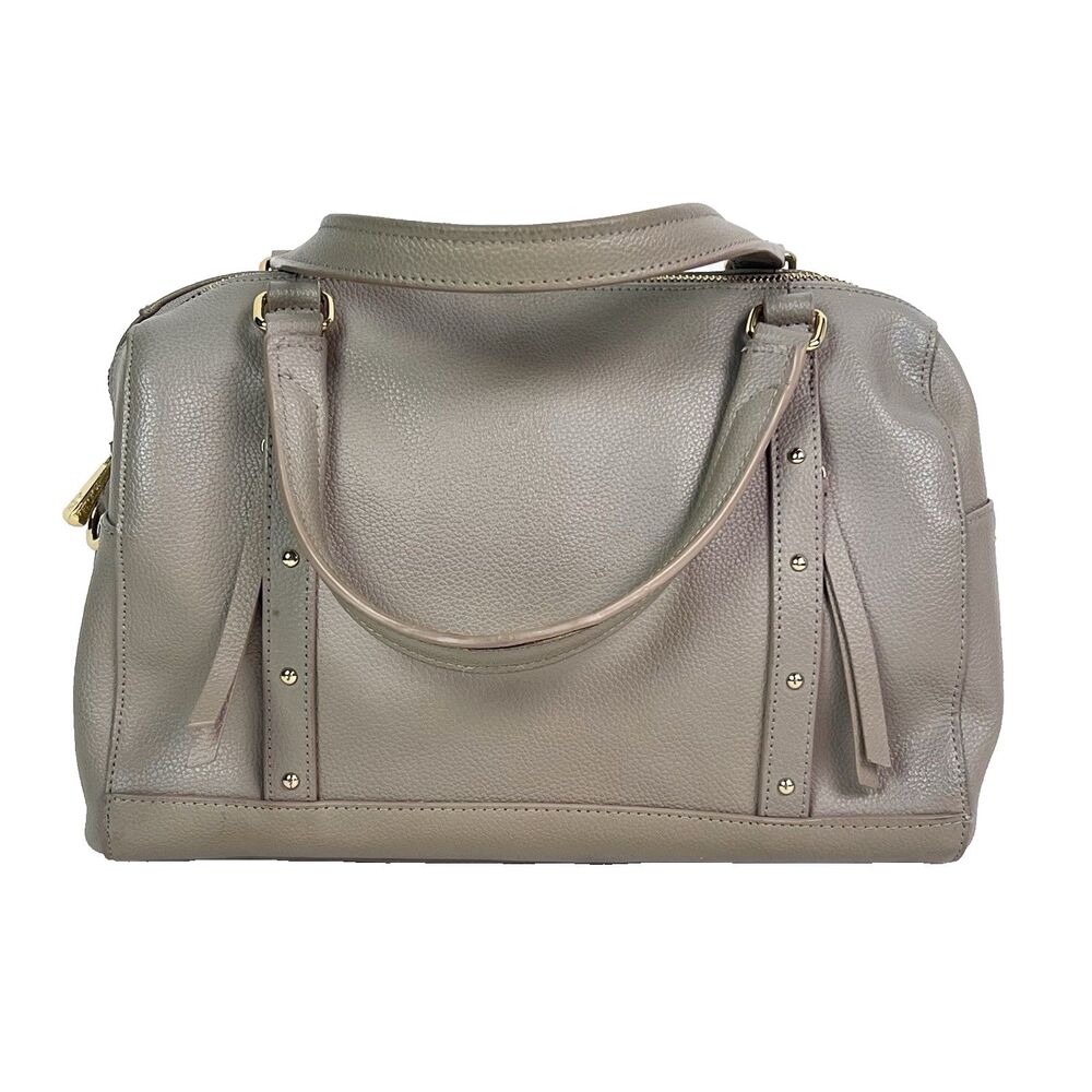 Ora Delphine Louisa Satchel Pebbled Leather Double Handle Taupe Studs Goldtone